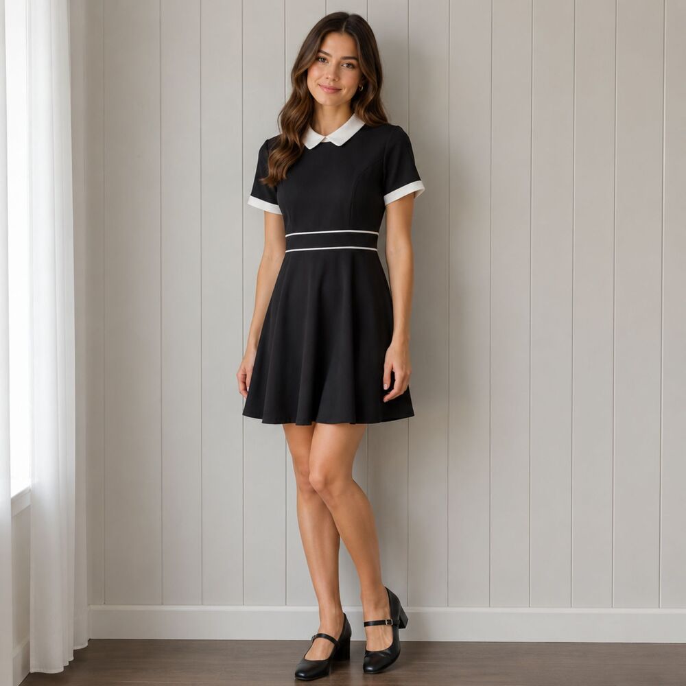 Wednesday Addams Goth Black & White Collared Skater Swing Dress Small